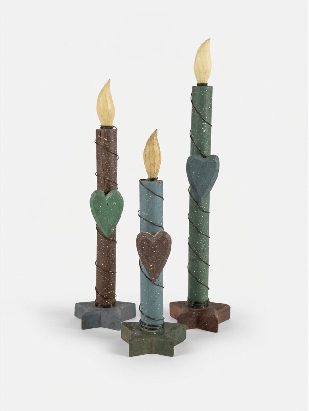 Set 3 Primitive Wooden Candles Hearts Stars Country Folk Art Decor